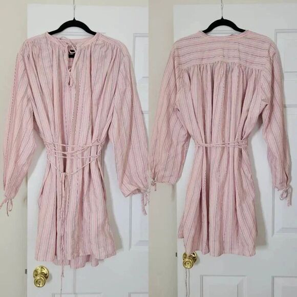J. Crew Re-Imagined Alma Pink Striped Beach Boho Cotton Dress Womens Size L-XL, - Picture 3 of 9